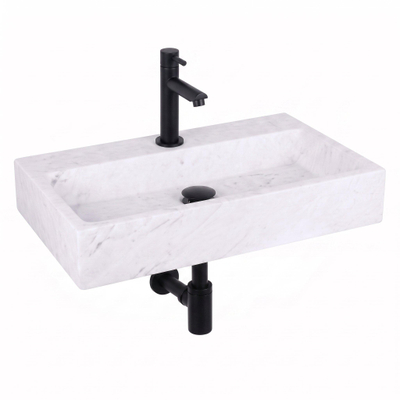 Fortifura Fuente pack lave-mains – rectangulaire – 38 x 24 x 8 cm – marbre blanc – robinet noir mat