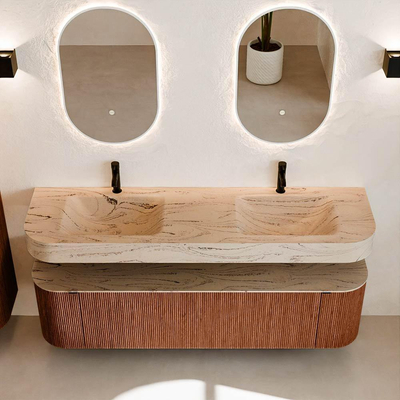 MONDIAZ THOR-DLUX 170cm meuble de salle de bains arrondi gauche + droite couleur Ruby avec 1 tiroir et 2 portes. Vasque suspendue CLOUD Double 2 trous de robinet couleur Arena.