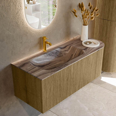 MONDIAZ KURVE-DLUX Meuble de salle de bains 115cm arrondi à droite couleur Dusk avec 1 tiroir et 1 porte. Lavabo BIG SMALL gauche 1 trou de robinet Sombra.