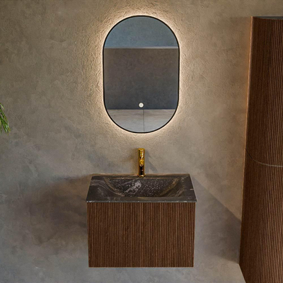 MONDIAZ KURVE-DLUX Meuble de salle de bains 60 cm couleur Walnut avec 1 tiroir. Lavabo CLOUD central 1 trou de robinet couleur Lava.