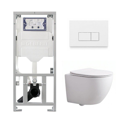 Pack WC QeramiQ Dely Swirl Compact - réservoir encastrable Geberit UP320 - avec bâti-support Burda - abattant 25 mm - plaque de commande en plastique blanc brillant - boutons rectangulaires - blanc brillant