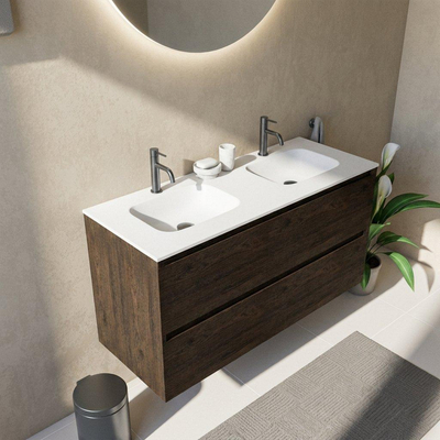 Saniclass Holz Pure Ensemble meuble de salle de bains - 120x45x61.5cm - Vasque Flow en solid surface blanc - 2 vasques - 2 trous de robinetterie - 4 tiroirs - chêne charcoal mat (bois)