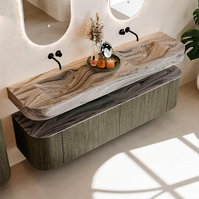 MONDIAZ THOR-DLUX 180cm meuble de salle de bains arrondi gauche + droite couleur Shadow avec 2 tiroirs et 2 portes. Vasque suspendue CLOUD Double sans trou de robinet couleur Sombra.