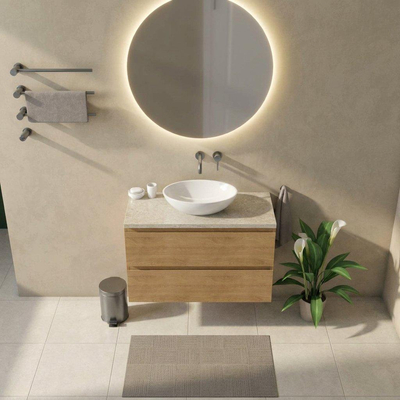 Saniclass Holz Pure Ensemble de meubles de salle de bains - 100x45x63cm - Plan de travail en pierre naturelle travertin - sans trou de robinet - 2 tiroirs - chêne natural mat (bois)