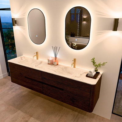 Mondiaz CIRO-DLUX Badkamermeubelset - 190x45x50cm - Solid surface wastafel Frappe - 2 wasbak Dubbel - 2 kraangaten - 4 lades - Walnut