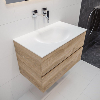 MONDIAZ VICA Ensemble de meuble salle de bain - 80cm - 2 tiroirs - lavabo Moon central - 0 trous de robinet - solid surface chêne blanchi
