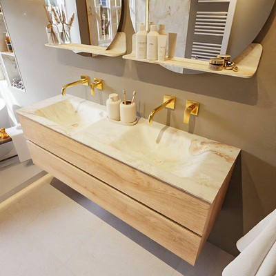 MONDIAZ VICA-DLUX Badkamermeubelset - 150cm - onderkast washed oak - 2 lades - inbouw wastafel cloud dubbel - zonder kraangaten - 60cm hoge versie - frape
