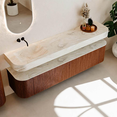 MONDIAZ THOR-DLUX 200cm meuble de salle de bains arrondi gauche + droite couleur Ruby avec 2 tiroirs et 2 portes. Vasque suspendue CLOUD Gauche sans trou de robinet couleur Ostra.