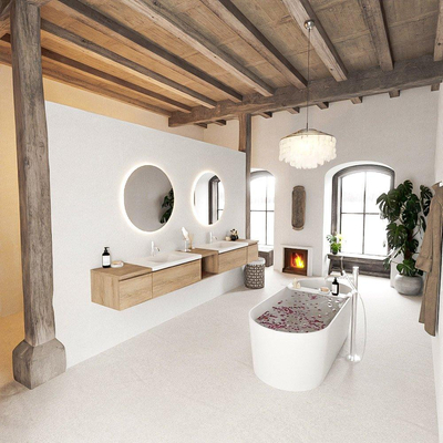 MONDIAZ BUKLA 280cm badmeubel met open module 40 midden kleur Washed Oak met 4 lades. Wastafel CLOUD dubbel 2 kraangaten kleur Talc.