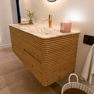 Mondiaz CIRO-DLUX Meuble de salle de bains - 120x45x50cm - Plan vasque solid surface Glace - 1 lavabo à droite - 1 trou de robinet - 2 tiroirs - Chêne