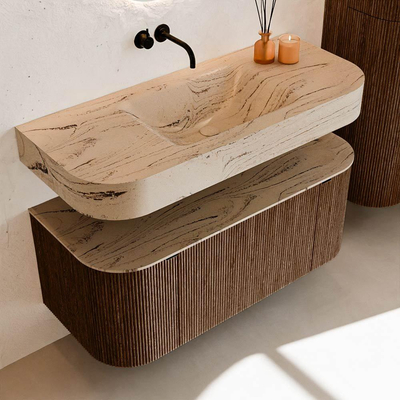 MONDIAZ THOR-DLUX 110cm badmeubel ronding links + rechts kleur Walnut met 1 lade en 2 deuren. Vrijhangende wastafel CLOUD Midden zonder kraangat kleur Arena.
