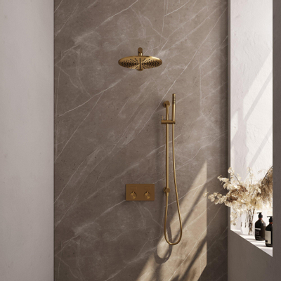 Brauer Gold Edition douche thermostatique à effet pluie avec bouton poussoir 62 30cm pommeau de douche droit bras mural barre de douche à main flexible coulissant intégré pvd brossé doré