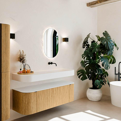 MONDIAZ THOR 140cm meuble de salle de bains arrondi gauche + droite couleur Oak avec 1 tiroir et 2 portes. Vasque suspendue CLOUD droite sans trou de robinet couleur Talc.