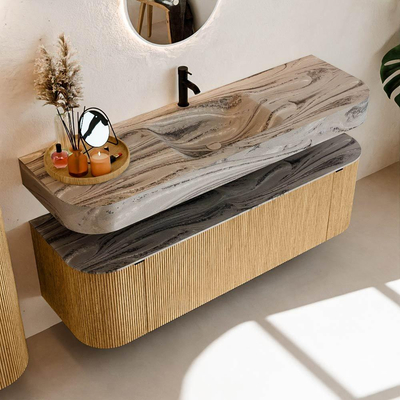 MONDIAZ THOR-DLUX 150cm badmeubel ronding links + rechts kleur Oak met 1 lade en 2 deuren. Vrijhangende wastafel CLOUD Midden 1 kraangat kleur Sombra.