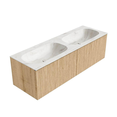 MONDIAZ KURVE-DLUX Meuble de salle de bains 140 cm couleur Oak avec 2 tiroirs. Lavabo STOR SMALL double sans trou de robinet couleur Ostra.