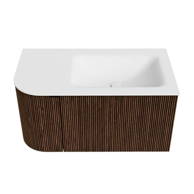 MONDIAZ KURVE Meuble de salle de bains 85 cm avec module 25 L couleur Walnut avec 1 tiroir et 1 porte. Lavabo CLOUD à droite sans trou de robinet Talc.