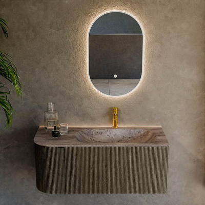 MONDIAZ KURVE-DLUX 105cm badmeubel ronding Links kleur Shadow met 1 lade en 1 deur. Wastafel BIG SMALL Rechts 1 kraangat Oza.