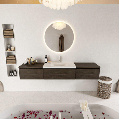 MONDIAZ BUKLA 200cm badmeubel met module 60 kleur Dark Brown met 3 lades. Wastafel CLOUD midden 1 kraangat kleur Talc.