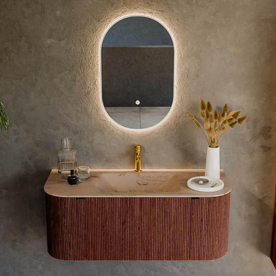 MONDIAZ KURVE-DLUX meuble de salle de bains 110cm arrondi gauche + droite couleur Ruby avec 1 tiroir et 2 portes. Lavabo CLOUD central 1 trou de robinet Arena.