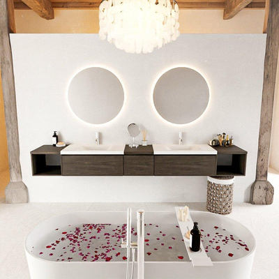 MONDIAZ BUKLA 280cm ensemble de meuble avec module ouvert 40 L+R couleur Marron Foncé avec 3 tiroirs. Lavabo CLOUD double 2 trous de robinet couleur Talc.