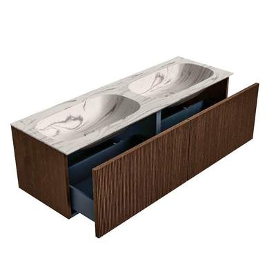 MONDIAZ KURVE-DLUX 140cm badmeubel kleur Walnut met 2 lades en 0 deuren. Wastafel STOR SMALL Dubbel zonder kraangat Nata.