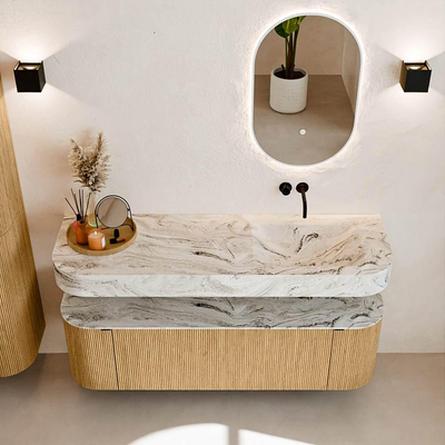 MONDIAZ THOR-DLUX 150cm badmeubel ronding links + rechts kleur Oak met 1 lade en 2 deuren. Vrijhangende wastafel CLOUD Rechts zonder kraangat kleur Glace.