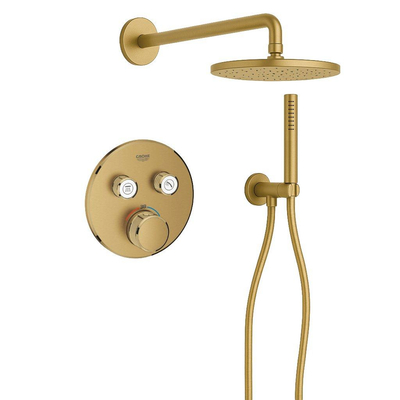 Grohe - Adema Rise Ensemble de douche pluie - rond - coude mural avec support de douchette - flexible de douche lisse - douchette à main - bras mural - douchette principale 25 cm - thermostat encastré Grohe SmartControl - finition brushed cool sunrise