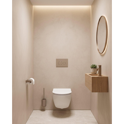 QeramiQ Dely Swirl Compact Toiletset - inbouwreservoir Geberit UP320 - met Burda frame - slim zitting - kunststof bedieningsplaat taupe - ronde knoppen - glans wit