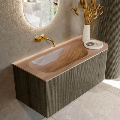MONDIAZ KURVE-DLUX Meuble de salle de bains 105cm arrondi à droite couleur Shadow avec 1 tiroir et 1 porte. Lavabo BIG SMALL à gauche sans trou de robinetterie Saba.