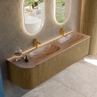 MONDIAZ KURVE-DLUX meuble de salle de bains 175cm arrondi à gauche couleur Dusk avec 2 tiroirs et 1 porte. Lavabo STOR SMALL Double / Droite 2 trous de robinet Arena.