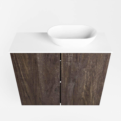 Mondiaz Fowy Toiletmeubel - 60x50x23cm - dark brown mat - 1 kraangat - wasbak rechts - 2 deuren - solid surface - blad Melamine - wasbak: wit