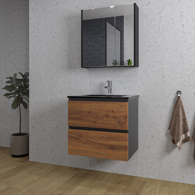 Adema Industrial 2.0 ensemble de meubles de salle de bain 60x45x55cm 1 lavabo en céramique noir 1 trou de robinetterie noir armoire de toilette bois/noir