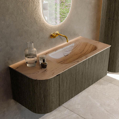 MONDIAZ KURVE-DLUX 115cm badmeubel ronding Links kleur Shadow met 1 lade en 1 deur. Wastafel BIG SMALL Rechts zonder kraangat Arena.