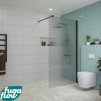 FugaFlow Eccelente Vetro inloopdouche badkamer - 110x200cm - ribbelglas - wandarm - mat zwart