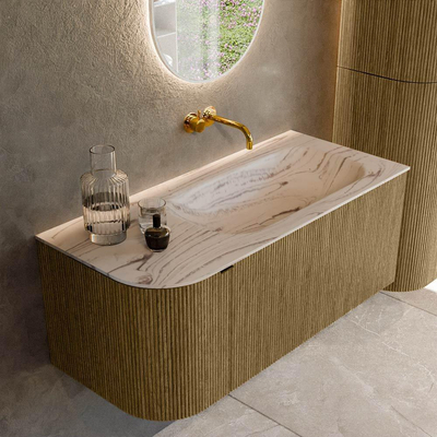 MONDIAZ KURVE-DLUX 105cm badmeubel ronding Links kleur Dusk met 1 lade en 1 deur. Wastafel BIG SMALL Rechts zonder kraangat Nata.