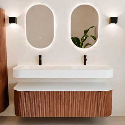 MONDIAZ THOR Meuble de salle de bains 150cm arrondi gauche + droite couleur Ruby avec 1 tiroir et 2 portes. Vasque suspendue CLOUD Double 2 trous de robinet couleur Talc.