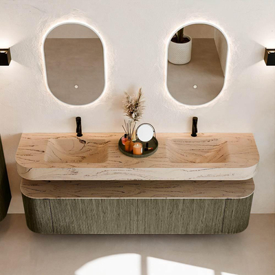 MONDIAZ THOR-DLUX 190cm meuble de salle de bains arrondi gauche + droite couleur Shadow avec 2 tiroirs et 2 portes. Vasque suspendue CLOUD Double 2 trous de robinet couleur Arena.