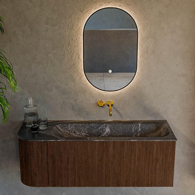 MONDIAZ KURVE-DLUX meuble de salle de bains 125 cm avec module 25 L couleur Walnut avec 1 tiroir et 1 porte. Lavabo BIG MEDIUM à droite sans trou de robinet couleur Lava.