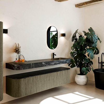 MONDIAZ THOR-DLUX 190cm meuble de salle de bains arrondi gauche + droite couleur Shadow avec 2 tiroirs et 2 portes. Vasque suspendue CLOUD Droite 1 trou de robinet couleur Lava.