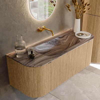 MONDIAZ KURVE-DLUX 120cm badmeubel ronding Links + Rechts kleur Oak met 1 lade en 2 deuren. Wastafel BIG SMALL Midden zonder kraangat Sombra.