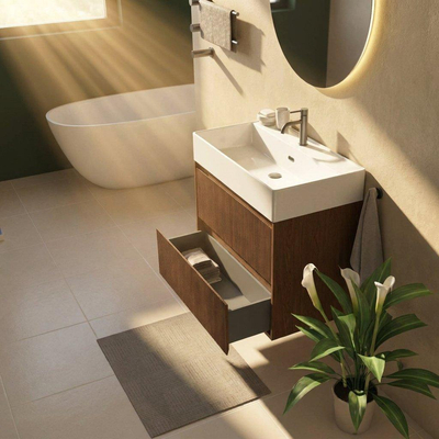 Saniclass Holz Atelier Ensemble meuble de salle de bains - 80x45x72cm - Legend lavabo en céramique blanc - 1 vasque - 1 trou de robinet - 2 tiroirs - mat walnut pure (bois)