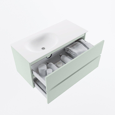 Mondiaz VICA Ensemble de meuble de salle de bain - 100cm - meuble sous-vasque greey - 2 tiroirs - lavabo moon gauche - 1 trou de robinet - version haute de 60cm - talc