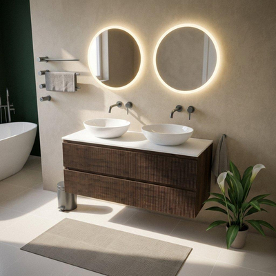 Saniclass Holz Atelier Ensemble meuble de salle de bains - 140x45x62.5cm - plan Torino en solid surface blanc - sans trou de robinet - 4 tiroirs - chêne charcoal mat (bois)