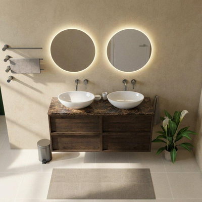 Saniclass Holz Frame Ensemble meuble de salle de bains - 140x45x63cm - Plan en pierre naturelle Noche dark emperador - sans trou de robinet - 4 tiroirs - chêne charcoal mat (bois)