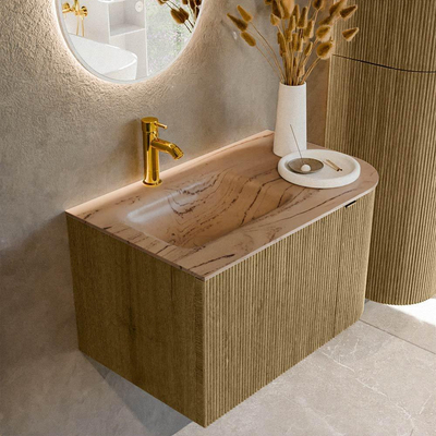 MONDIAZ KURVE-DLUX Meuble de salle de bains 75cm arrondi Droite couleur Dusk avec 1 tiroir et 1 porte. Lavabo GRUNNE Gauche 1 trou de robinet Arena.
