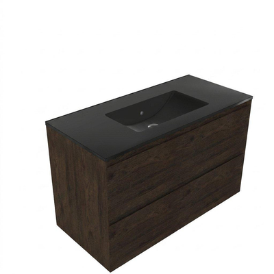 Saniclass Holz Pure Ensemble de meubles de salle de bains - 100x45x62cm - lavabo en céramique Vygo noir - 1 vasque - 1 trou de robinetterie - 2 tiroirs - chêne charcoal mat (bois)