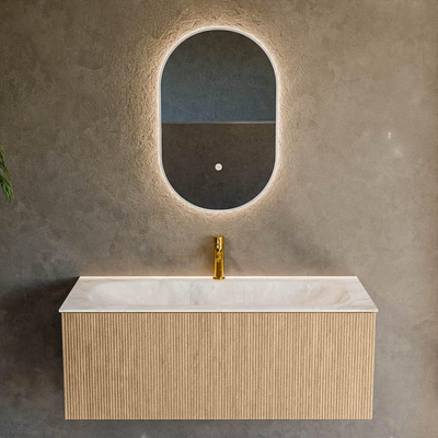 MONDIAZ KURVE-DLUX 110cm badmeubel kleur Oak met 1 lade. Wastafel BIG MEDIUM midden 1 kraangat kleur Frappe.