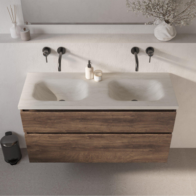 BRAUER Dune Medium Lavabo - 120cm - 2 vasques - 0 trous de robinet - pierre frittée - Ivory Travertin