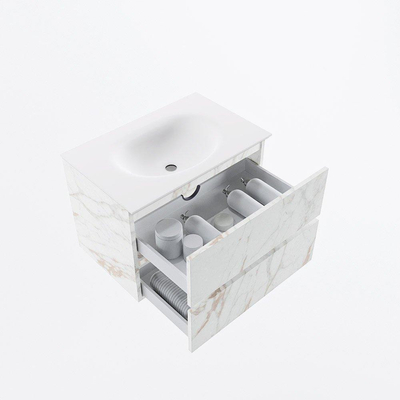 Mondiaz VICA ensemble de meuble de salle de bain - 70cm - meuble sous-vasque carrara - 2 tiroirs - lavabo moon milieu - sans trous de robinet - version haute de 60cm - talc