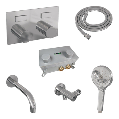 BRAUER Stripe Mitigeur thermostatique baignoire - boutons-poussoirs - SET 04 - encastré - bec - douchette à main 3 positions - flexible de douche - coude mural - chrome